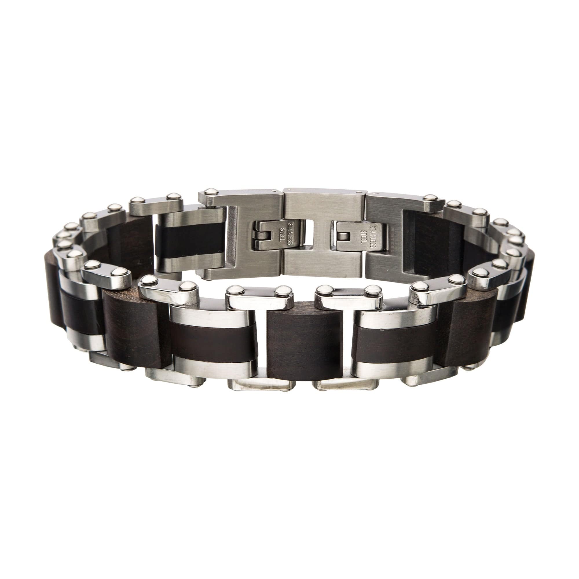 INOX JEWELRY Bracelets Black and Silver Tone Stainless Steel Matte Finish with Ebony Wood Link Bracelet BR34382