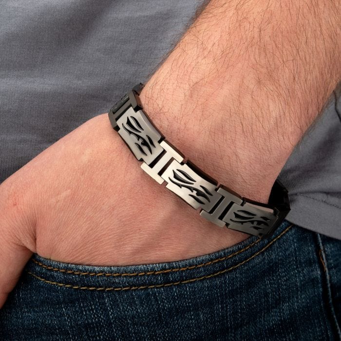 INOX JEWELRY Bracelets Black and Silver Tone Stainless Steel Tribal Cut Out Design H-Link Bracelet BR9007-875