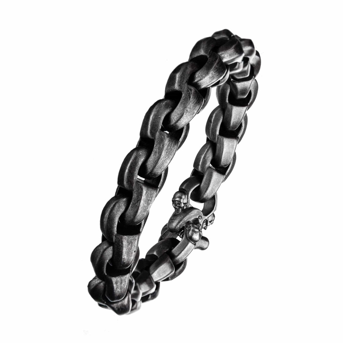 INOX JEWELRY Bracelets Black Gunmetal Silver Tone Stainless Steel Antique Finish with Skull Clasp Chain Bracelet BRLT010AG