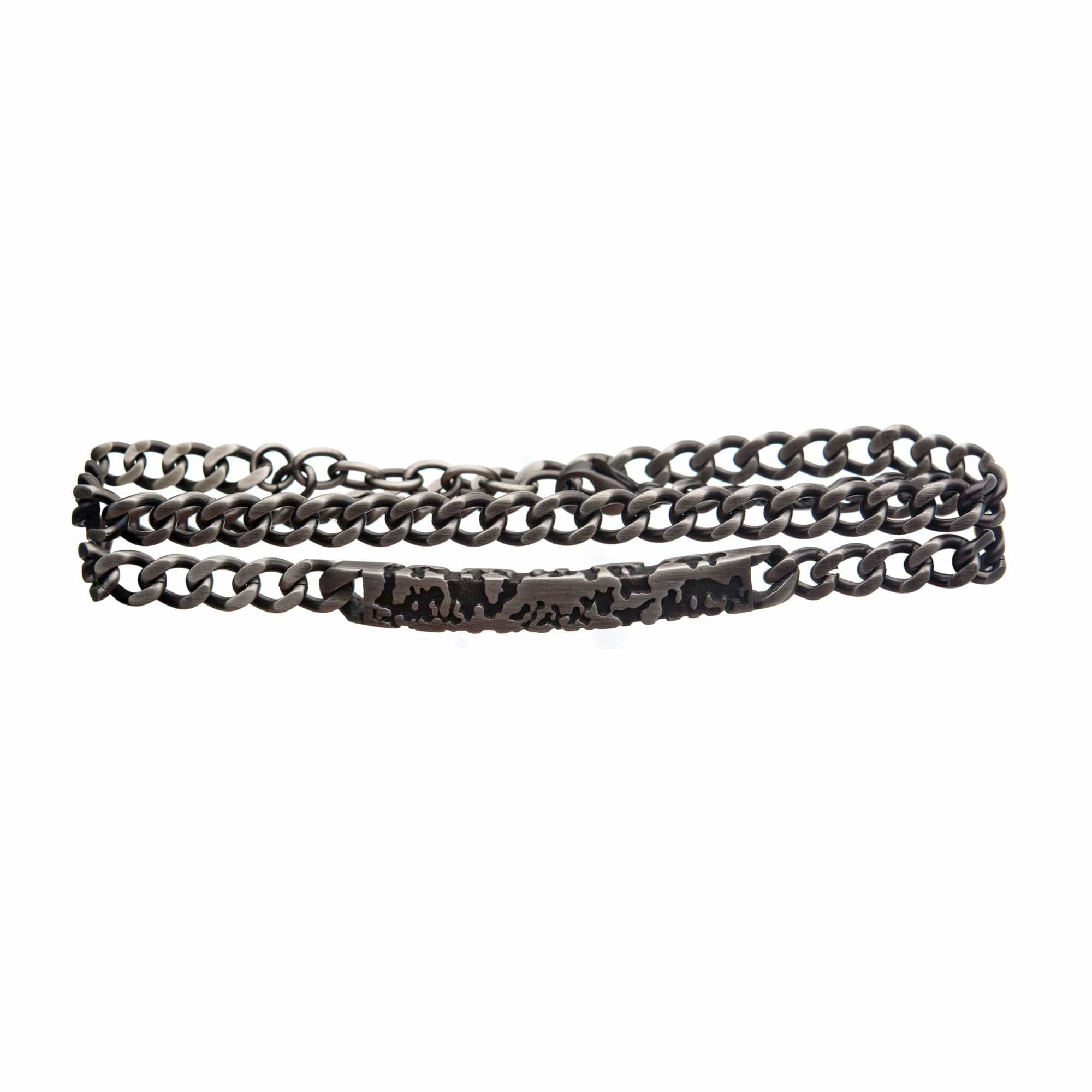 INOX JEWELRY Bracelets Black Gunmetal Silver Tone Stainless Steel Terra Pattern Double Wrap Bracelet BR33977