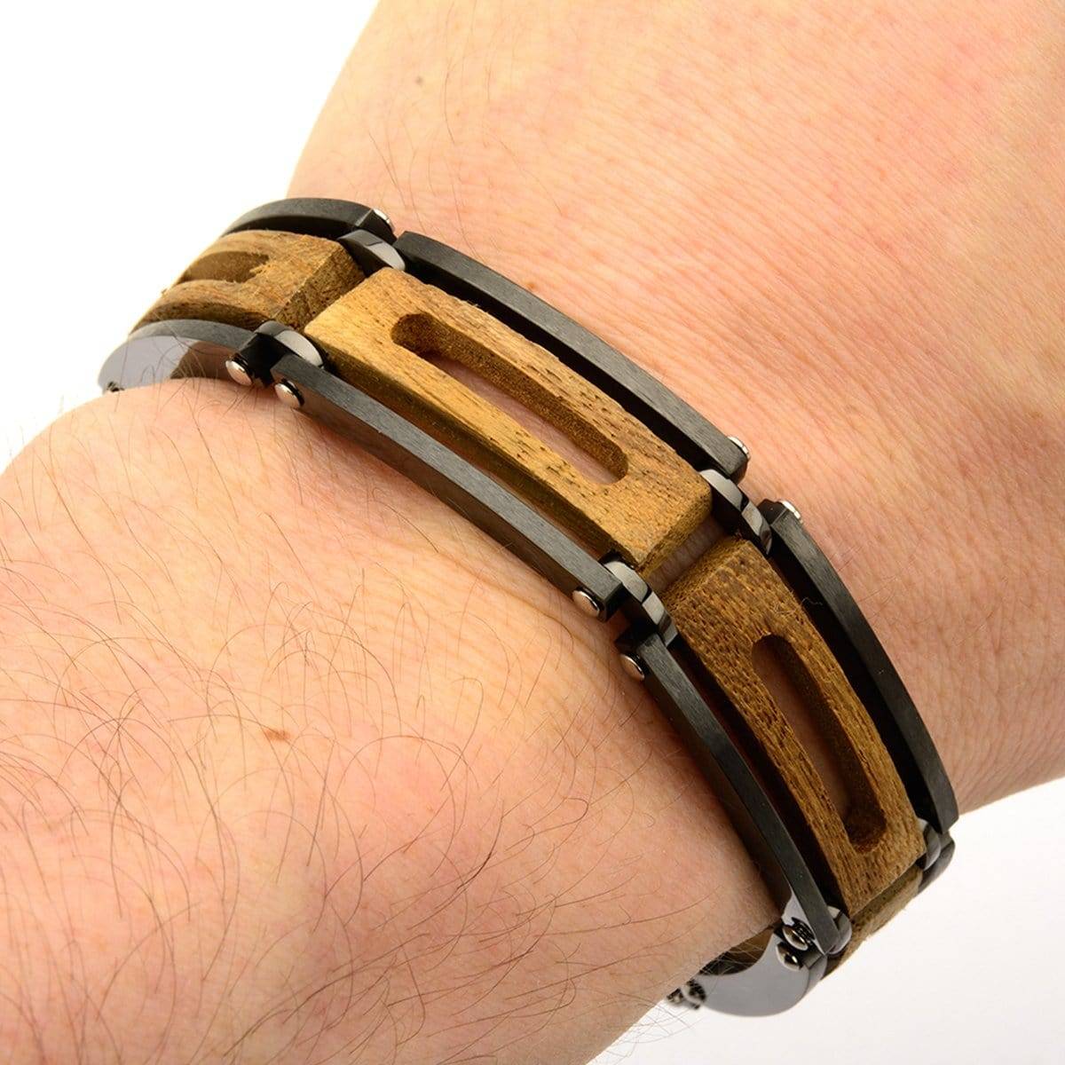INOX JEWELRY Bracelets Black Stainless Steel and Ebony Wood Cut-Out Adjustable Bracelet BR14457