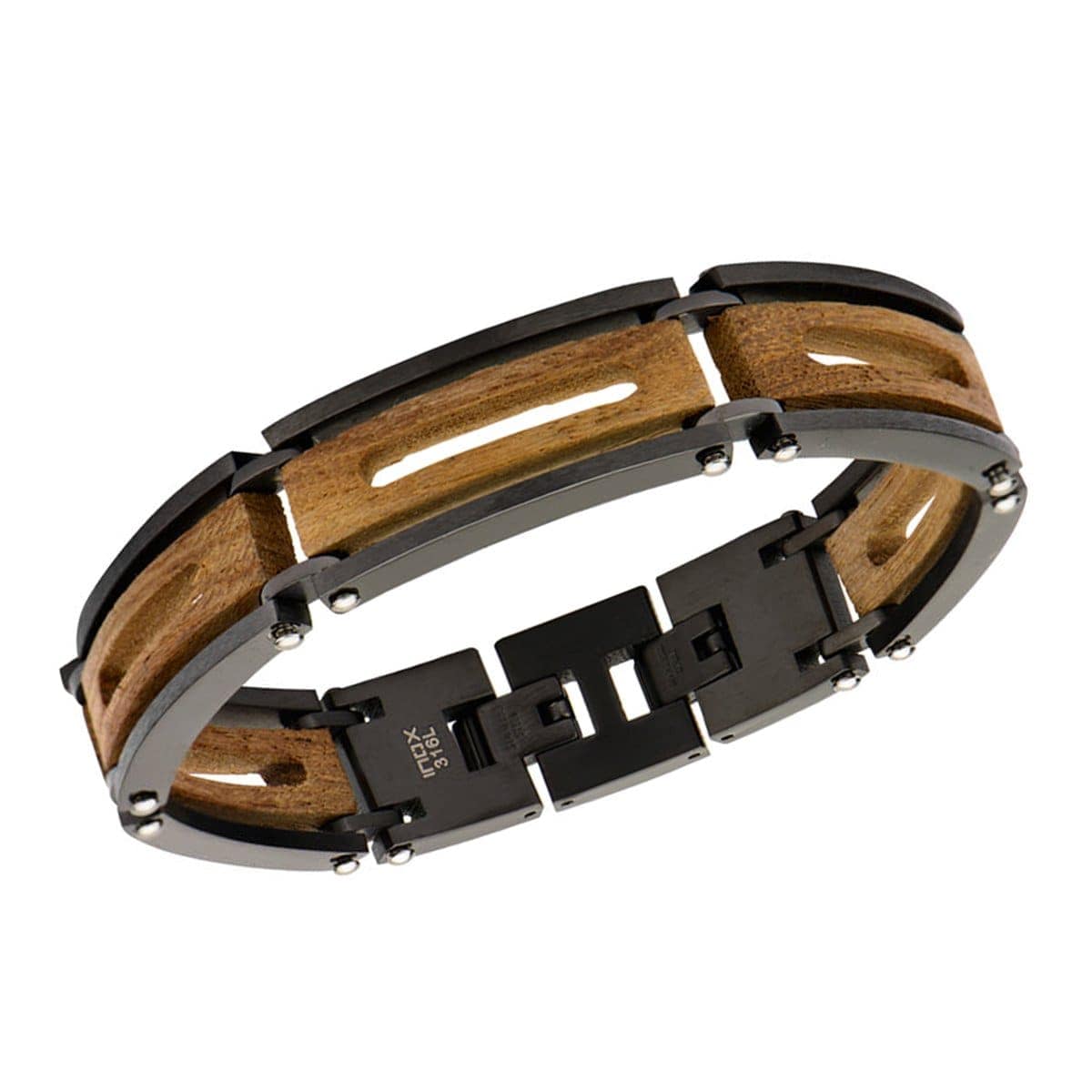 INOX JEWELRY Bracelets Black Stainless Steel and Ebony Wood Cut-Out Adjustable Bracelet BR14457