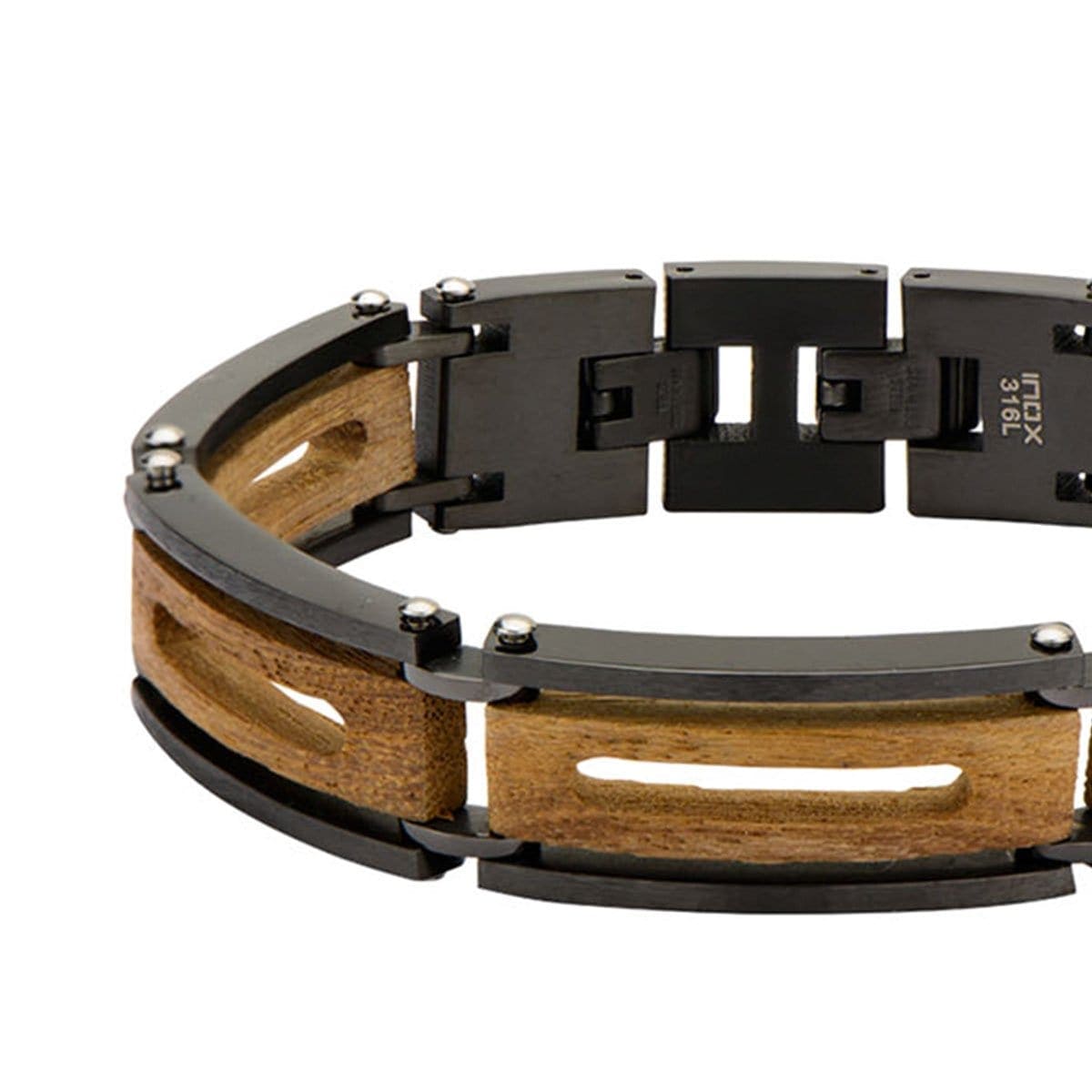 INOX JEWELRY Bracelets Black Stainless Steel and Ebony Wood Cut-Out Adjustable Bracelet BR14457