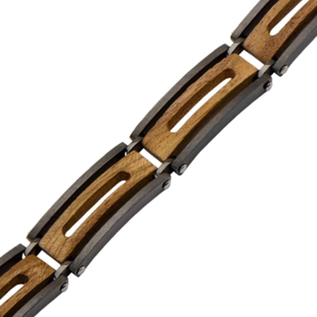 INOX JEWELRY Bracelets Black Stainless Steel and Ebony Wood Cut-Out Adjustable Bracelet BR14457