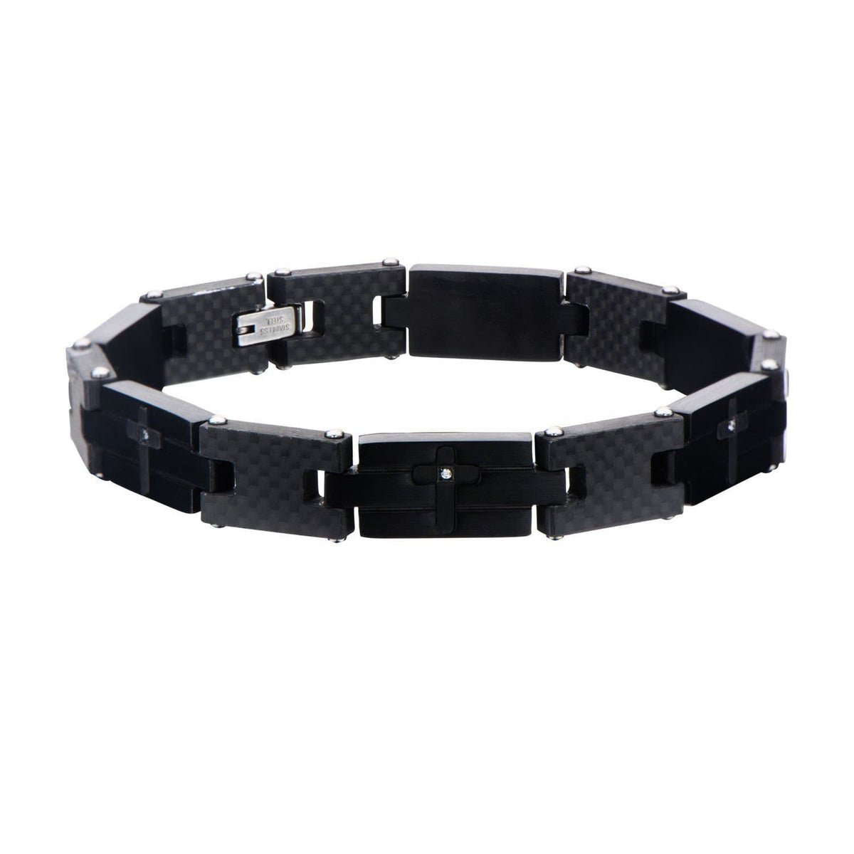 INOX JEWELRY Bracelets Black Stainless Steel &amp; Carbon Fiber White CZ Religious Link Bracelet BR19760