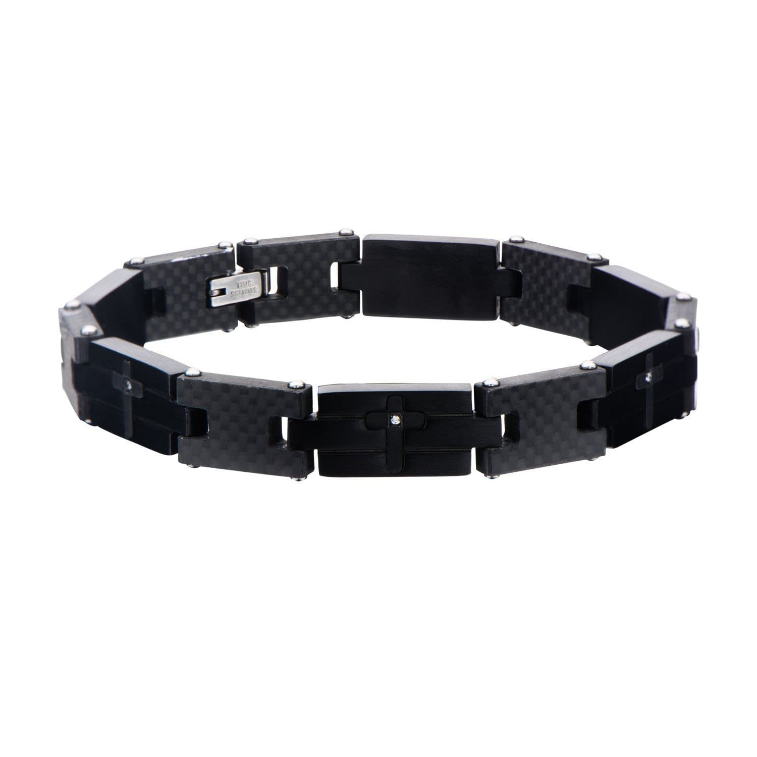 INOX JEWELRY Bracelets Black Stainless Steel & Carbon Fiber White CZ Religious Link Bracelet BR19760