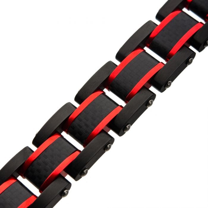INOX JEWELRY Bracelets Black Stainless Steel with Black Carbon Fiber and Red Aluminium Accent Link Bracelet BRCF163R
