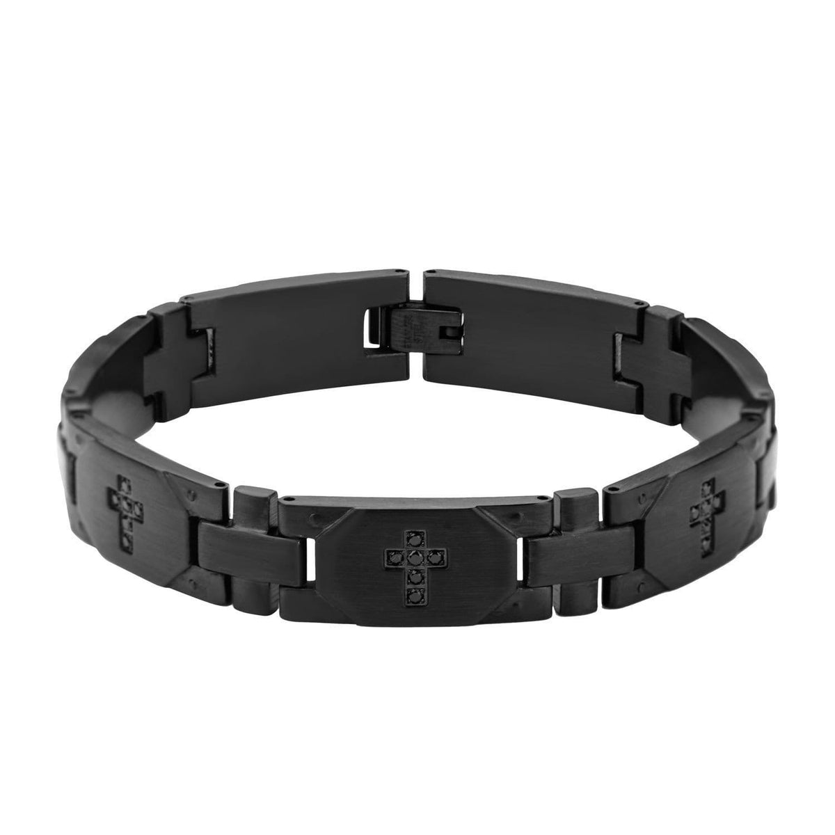 INOX JEWELRY Bracelets Black Stainless Steel with Black CZ Religious Cross Link Bracelet BR18346