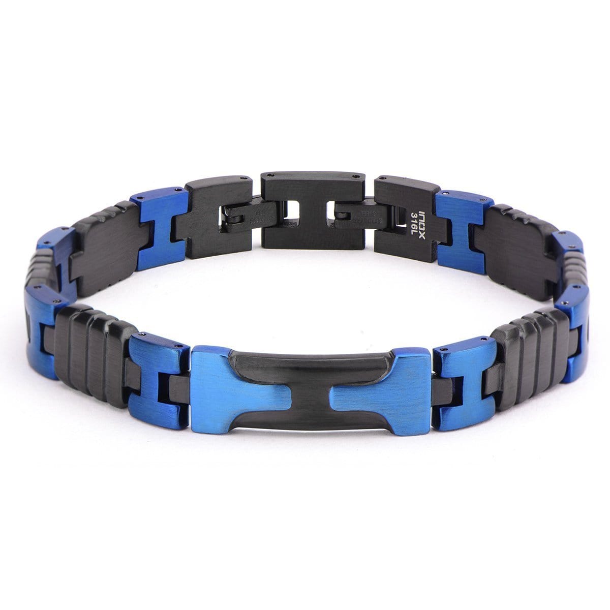 INOX JEWELRY Bracelets Blue and Black Stainless Steel Adjustable Groove Link Bracelet BR18085