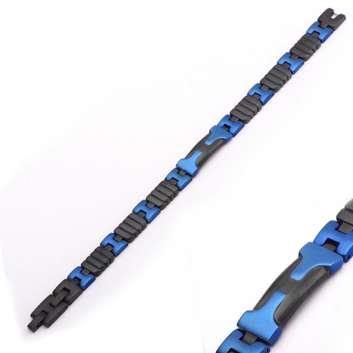INOX JEWELRY Bracelets Blue and Black Stainless Steel Adjustable Groove Link Bracelet BR18085