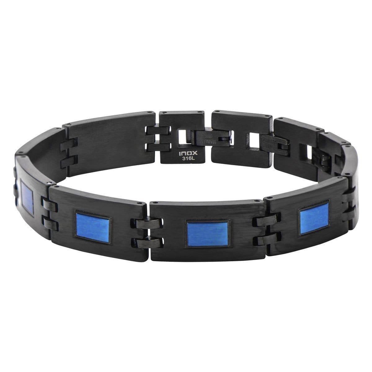 INOX JEWELRY Bracelets Blue and Black Stainless Steel Bold Rectangle Link Bracelet BR16669