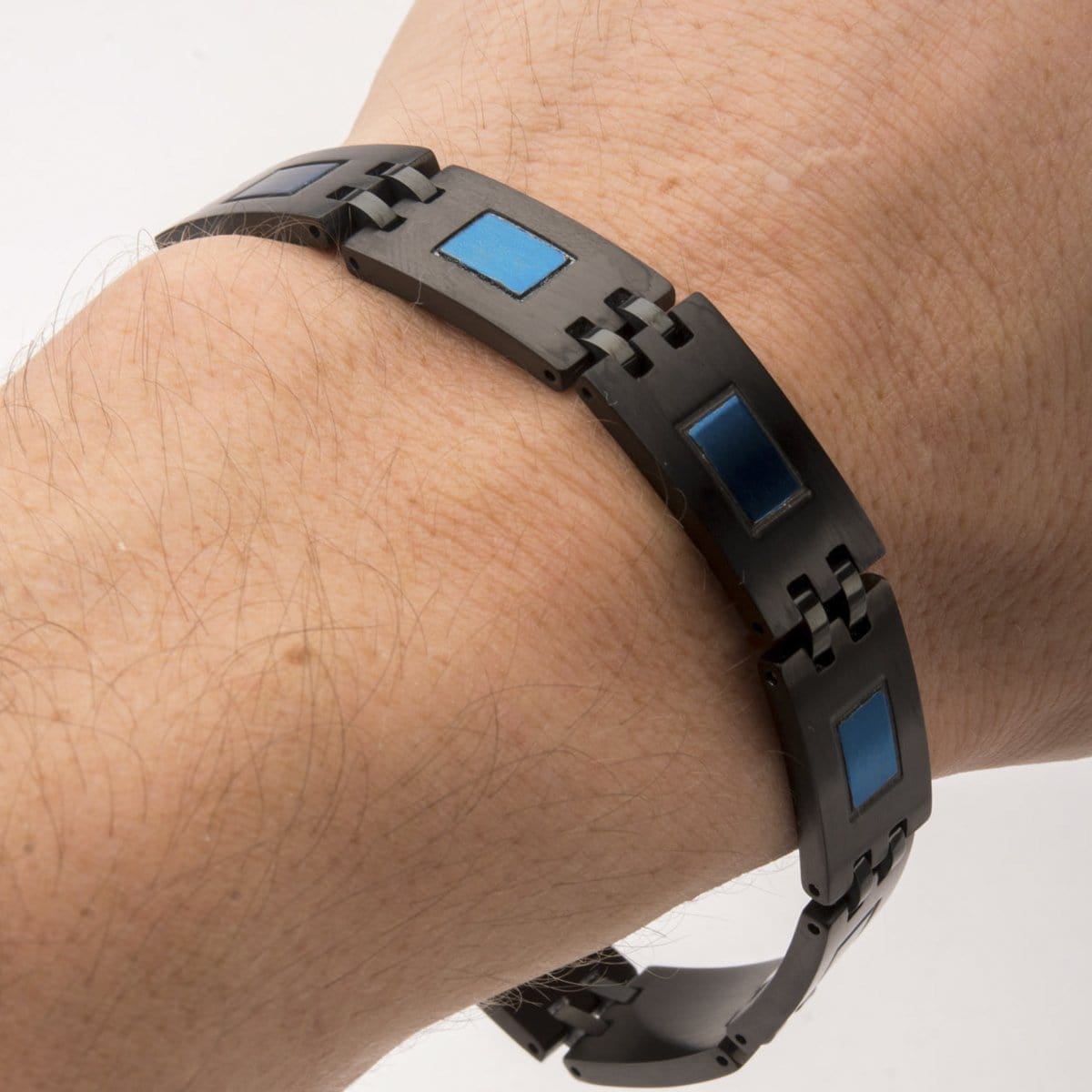 INOX JEWELRY Bracelets Blue and Black Stainless Steel Bold Rectangle Link Bracelet BR16669