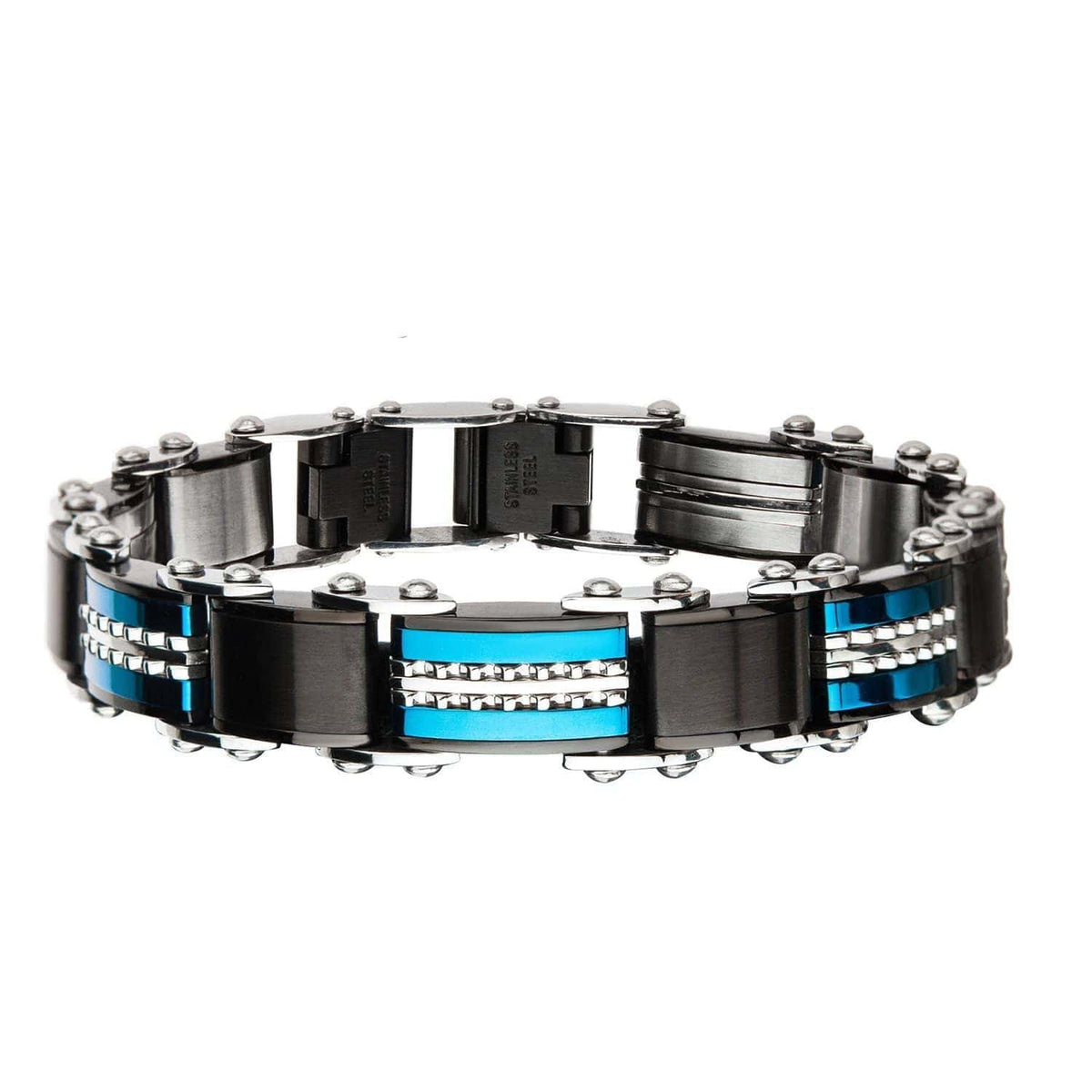 INOX JEWELRY Bracelets Blue and Black Stainless Steel Dotted Line Reversible Bracelet BR175111