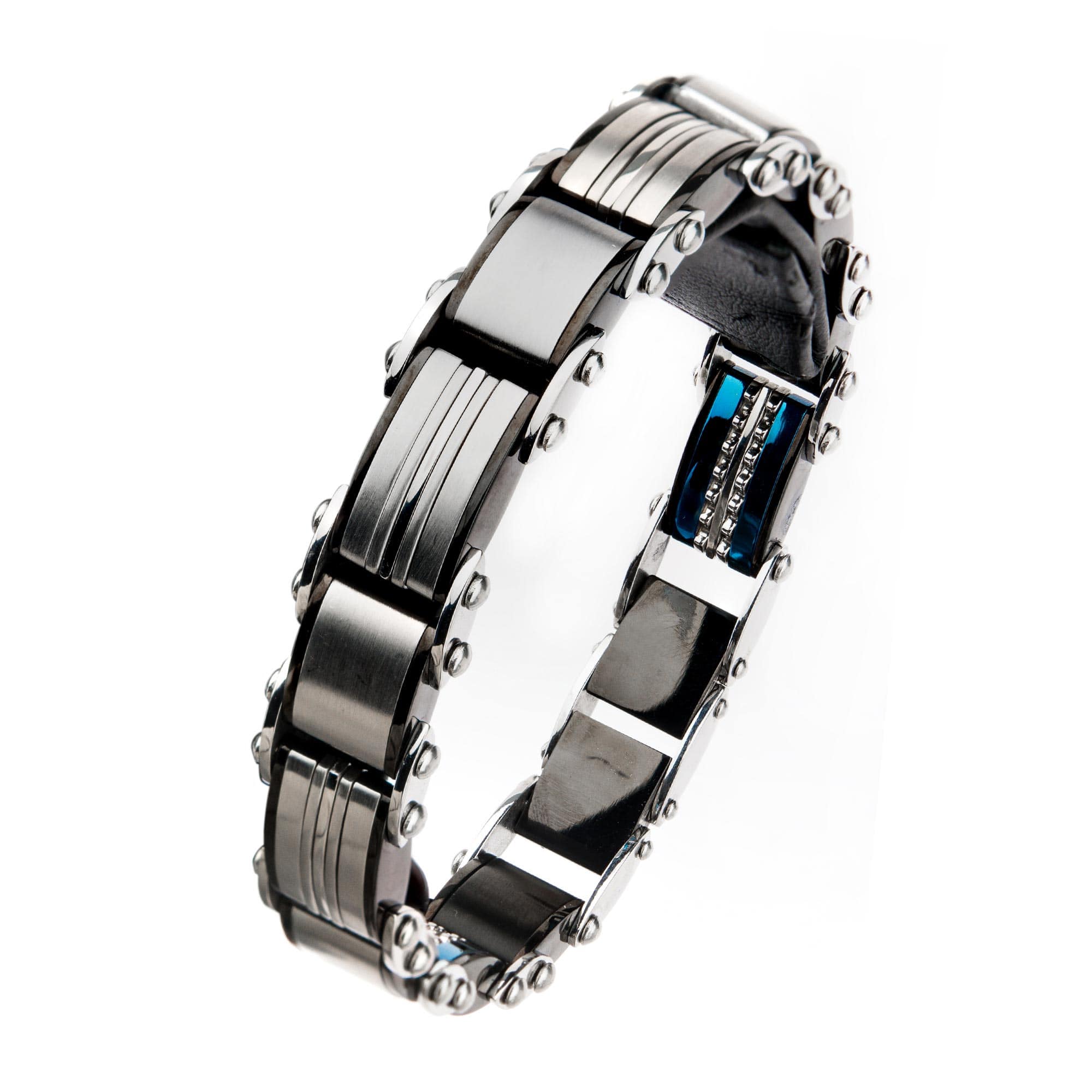 INOX JEWELRY Bracelets Blue and Black Stainless Steel Dotted Line Reversible Bracelet BR175111