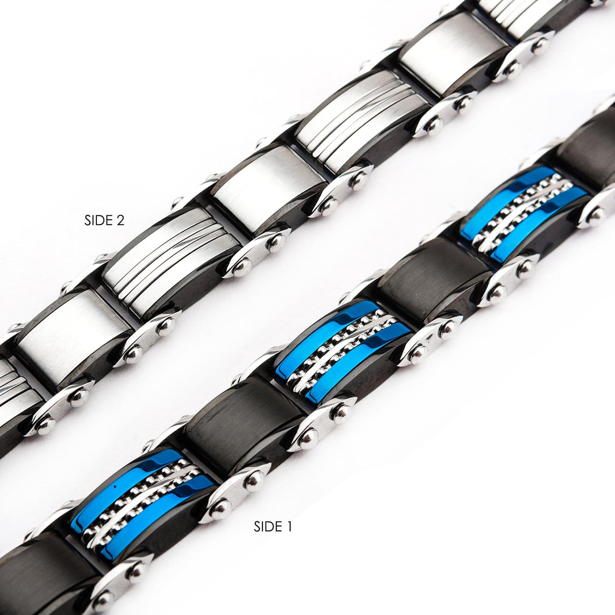 INOX JEWELRY Bracelets Blue and Black Stainless Steel Dotted Line Reversible Bracelet BR175111