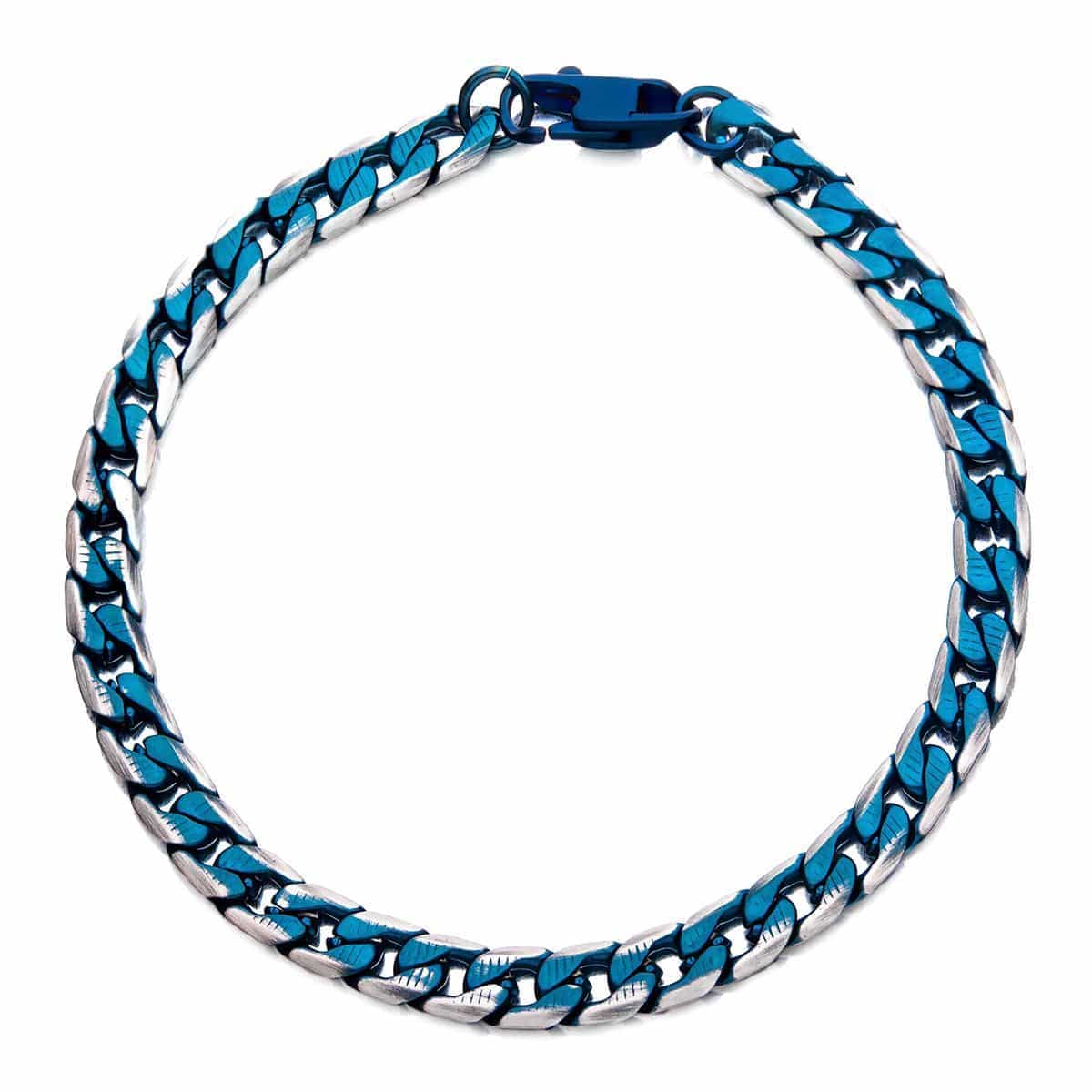 INOX JEWELRY Bracelets Blue and Silver Tone Stainless Steel 6mm Curb Cuban Chain Bracelet BR27851BL