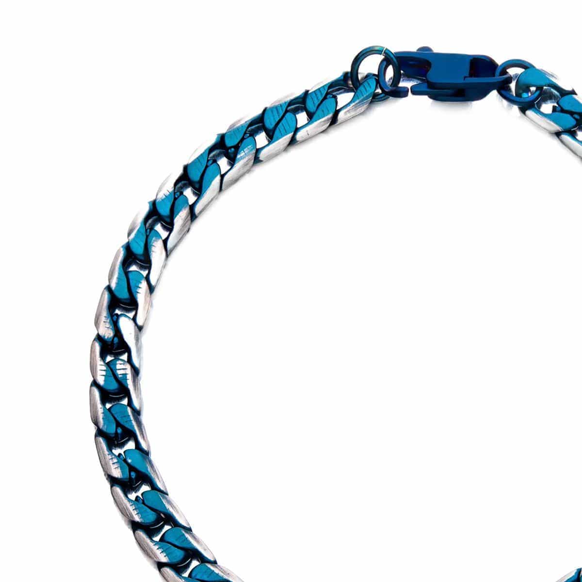 INOX JEWELRY Bracelets Blue and Silver Tone Stainless Steel 6mm Curb Cuban Chain Bracelet BR27851BL