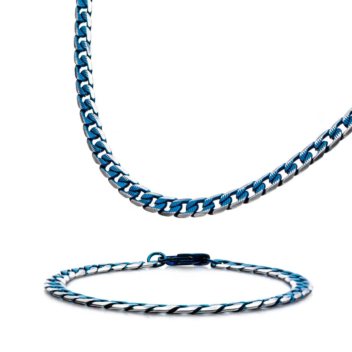 INOX JEWELRY Bracelets Blue and Silver Tone Stainless Steel Denim Fade Collection Curb Cuban Chain and Bracelet Set BR27851BL-SET
