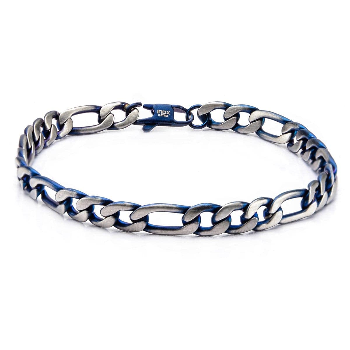 INOX JEWELRY Bracelets Blue and Silver Tone Stainless Steel Figaro Chain Denim Fade Bracelet BR7629B