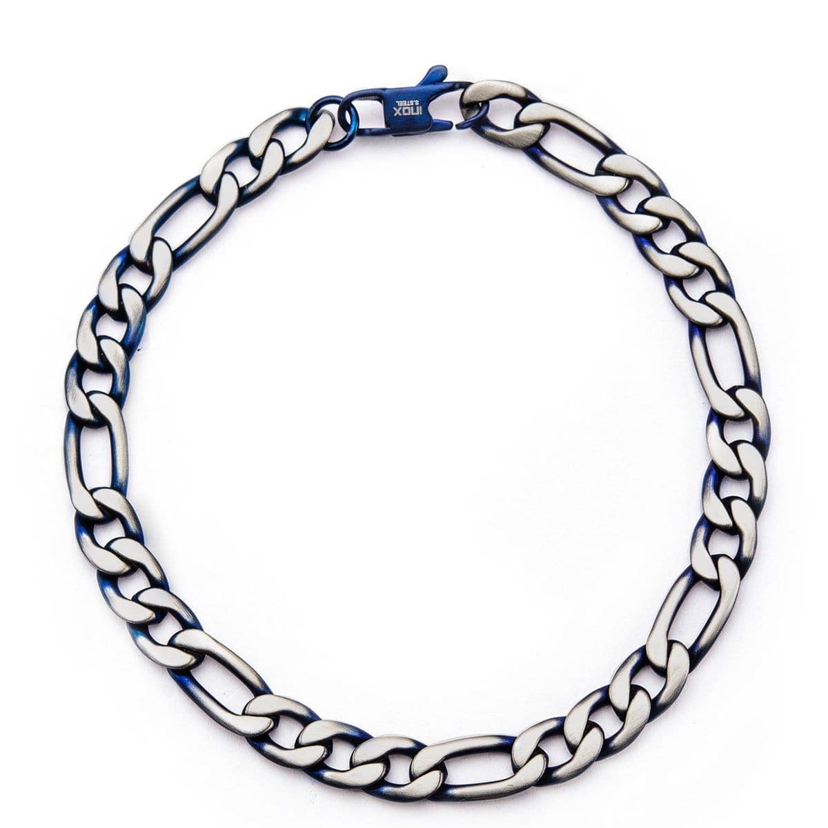 INOX JEWELRY Bracelets Blue and Silver Tone Stainless Steel Figaro Chain Denim Fade Bracelet BR7629B