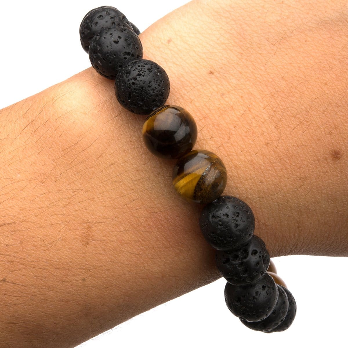 INOX JEWELRY Bracelets Brown Tiger Eye with Black Molten Lava Bead Bracelet BR137