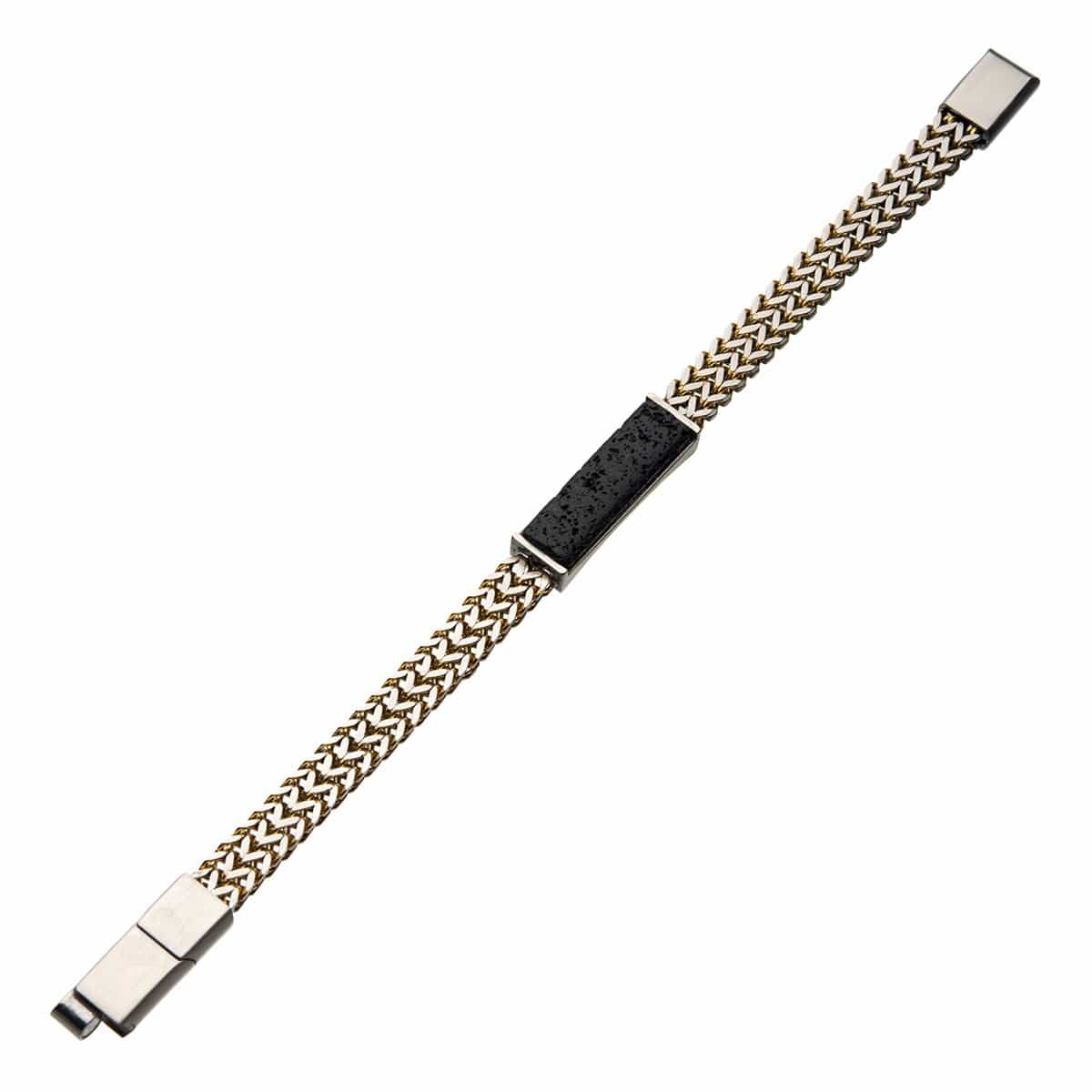 INOX JEWELRY Bracelets Gold Stainless Steel with Black Lava Stone ID Tag Double Franco Chain Bracelet BR30268GDLAVA
