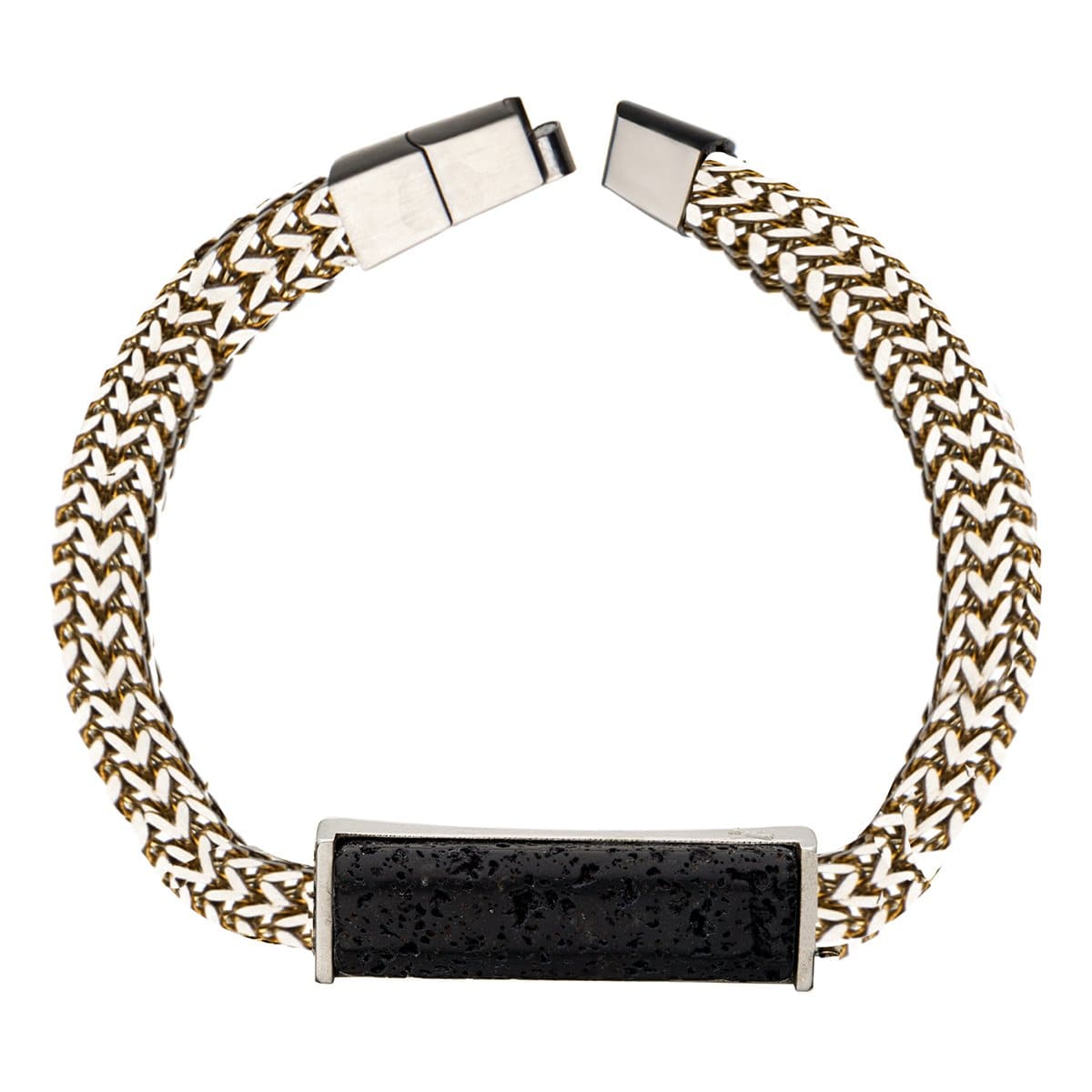 INOX JEWELRY Bracelets Gold Stainless Steel with Black Lava Stone ID Tag Double Franco Chain Bracelet BR30268GDLAVA