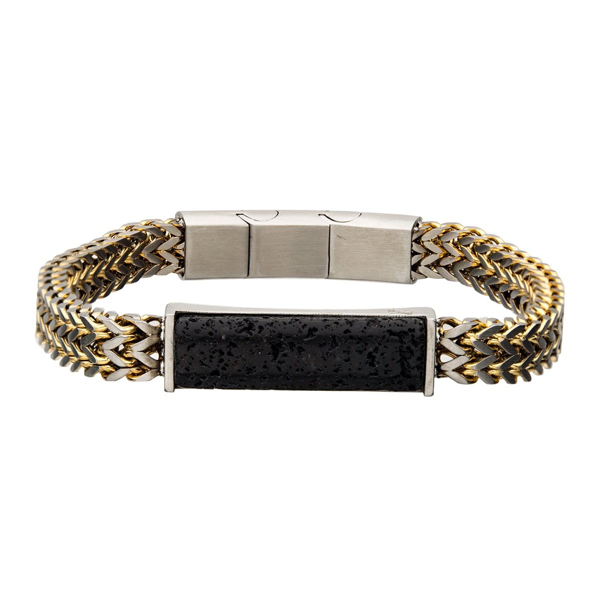 INOX JEWELRY Bracelets Gold Stainless Steel with Black Lava Stone ID Tag Double Franco Chain Bracelet BR30268GDLAVA