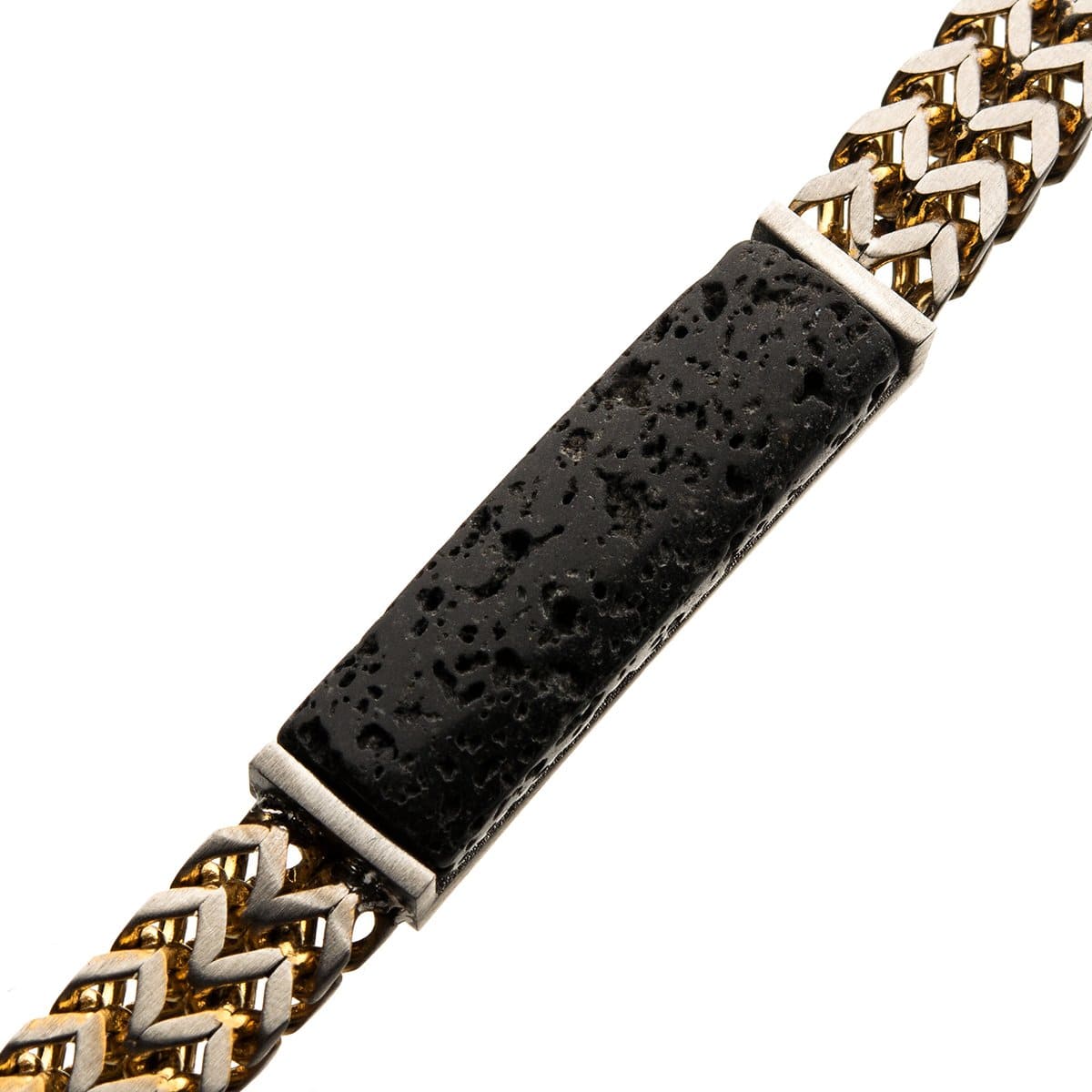 INOX JEWELRY Bracelets Gold Stainless Steel with Black Lava Stone ID Tag Double Franco Chain Bracelet BR30268GDLAVA