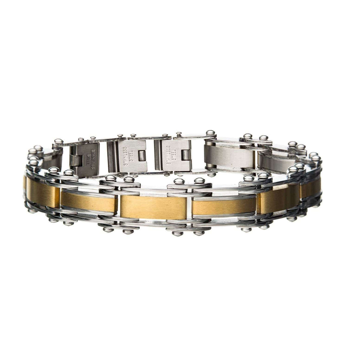 INOX JEWELRY Bracelets Golden Tone and Silver Tone Stainless Steel Dual Tone Reversible Block Pattern Adjustable Bracelet BRDDS12