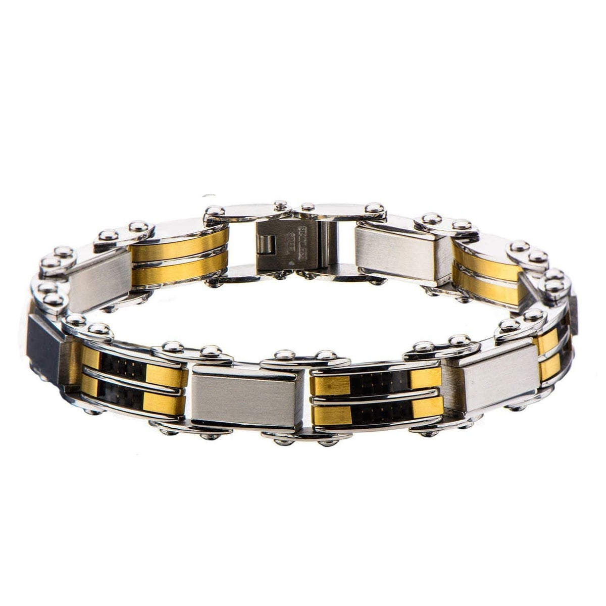 INOX JEWELRY Bracelets Golden Tone and Silver Tone Stainless Steel with Carbon Fiber Reversible Bracelet BRDDS04
