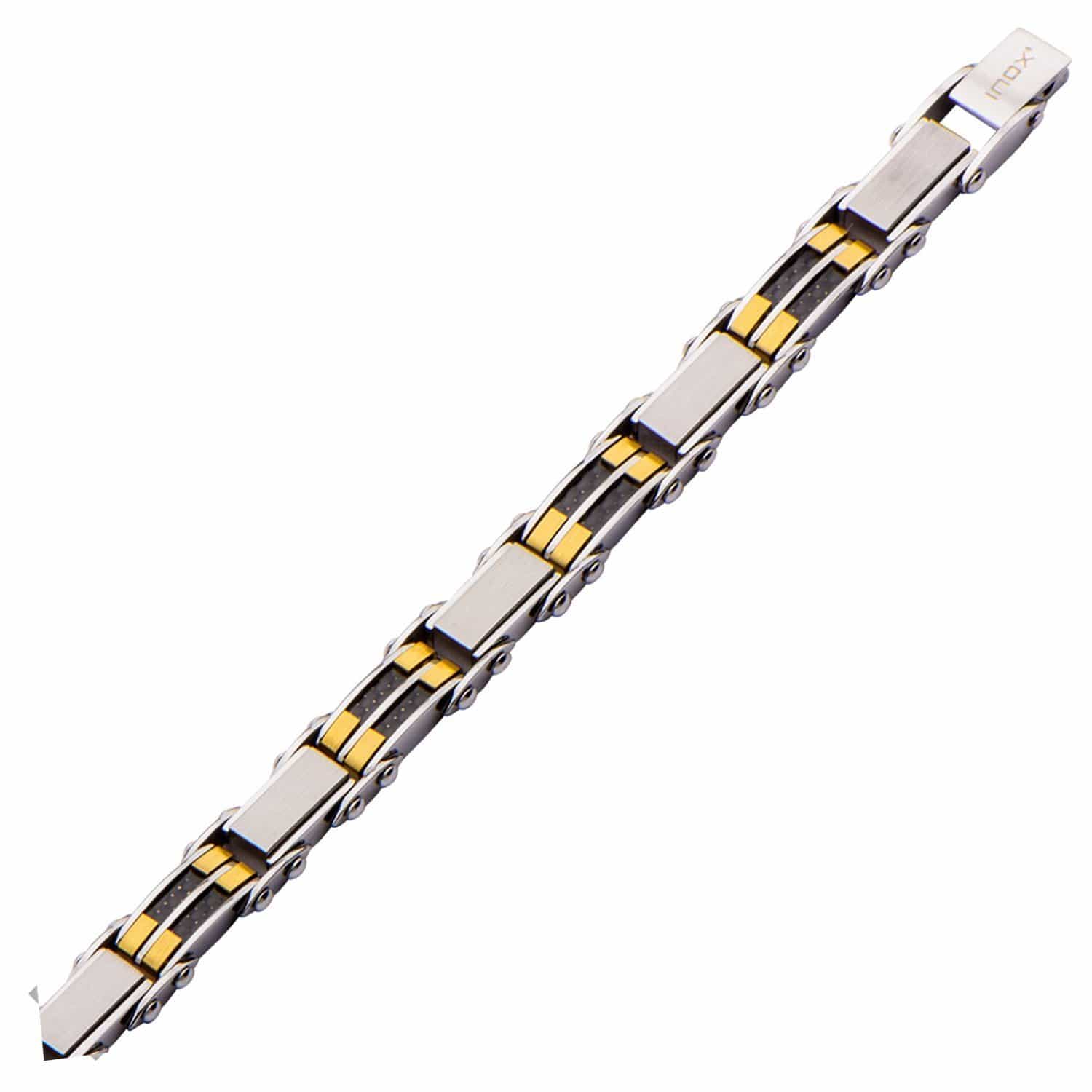 INOX JEWELRY Bracelets Golden Tone and Silver Tone Stainless Steel with Carbon Fiber Reversible Bracelet BRDDS04