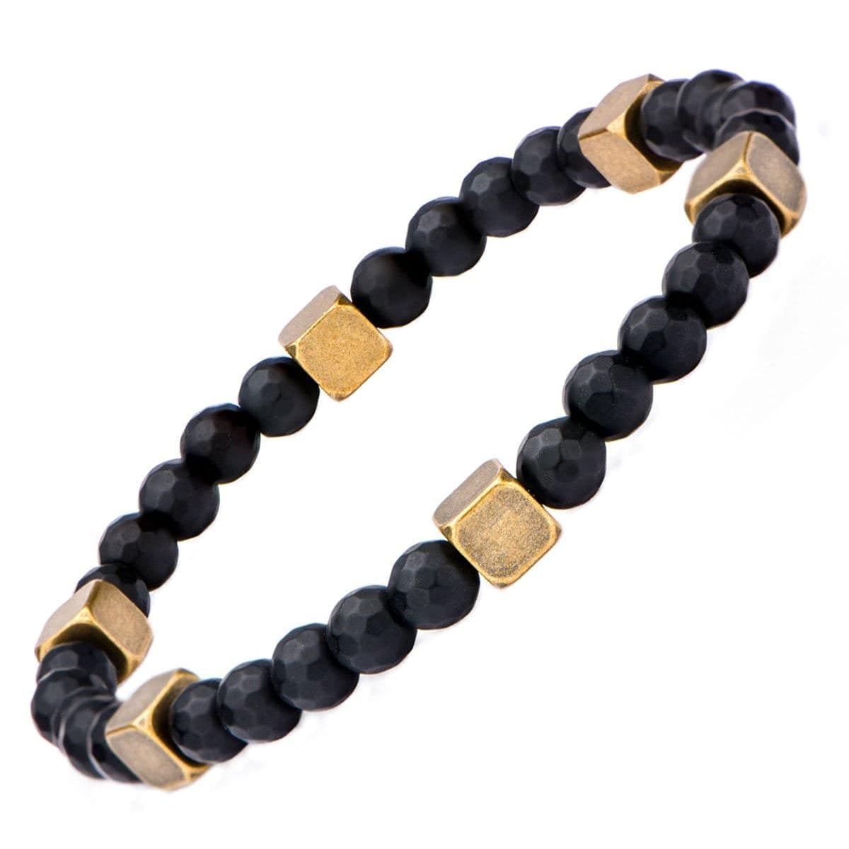 INOX JEWELRY Bracelets Golden Tone Antique Brass Block with Black Hematite Bead Bracelet BR319KHM