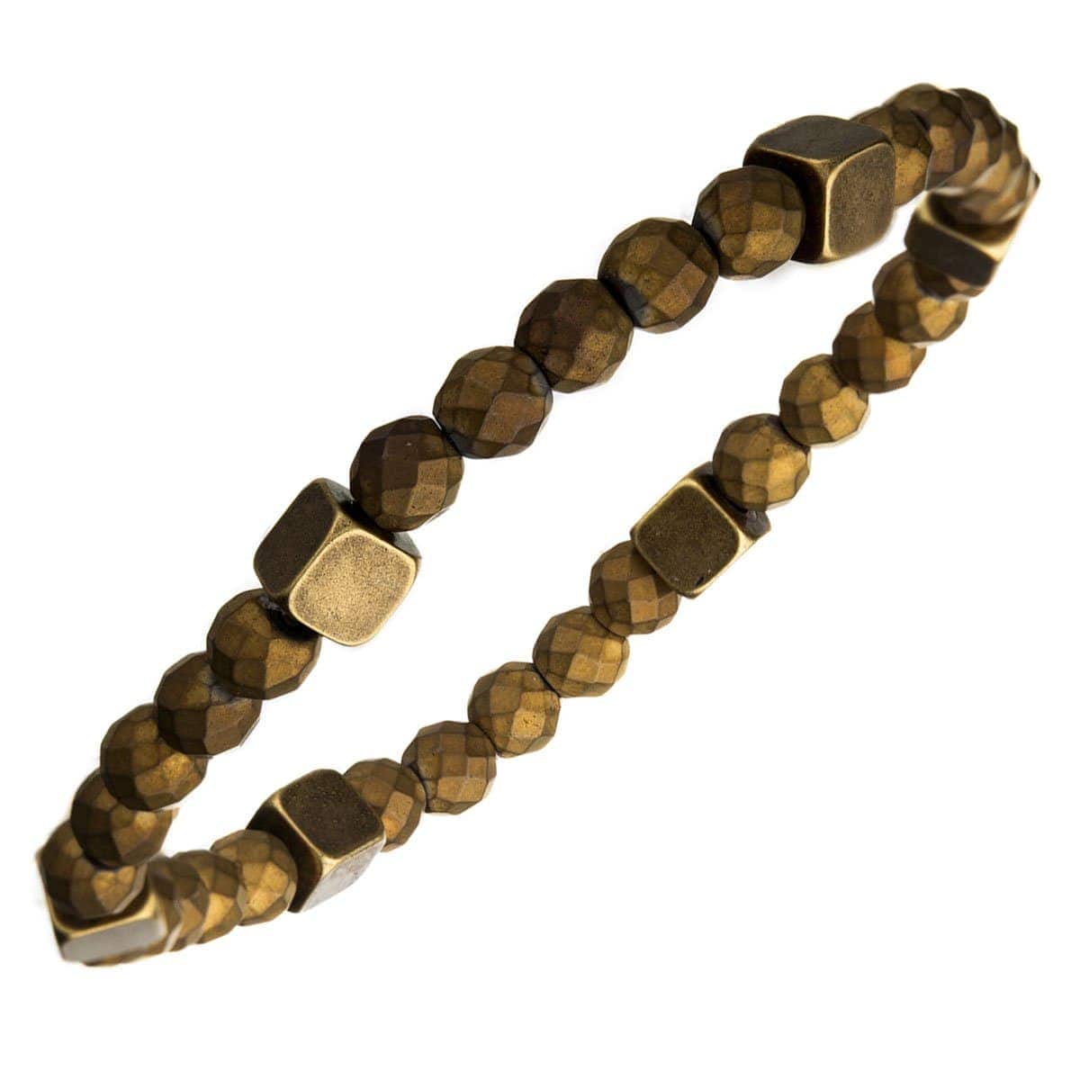INOX JEWELRY Bracelets Golden Tone Antique Brass Block with Gold Hematite Bead Bracelet BR319GDHM