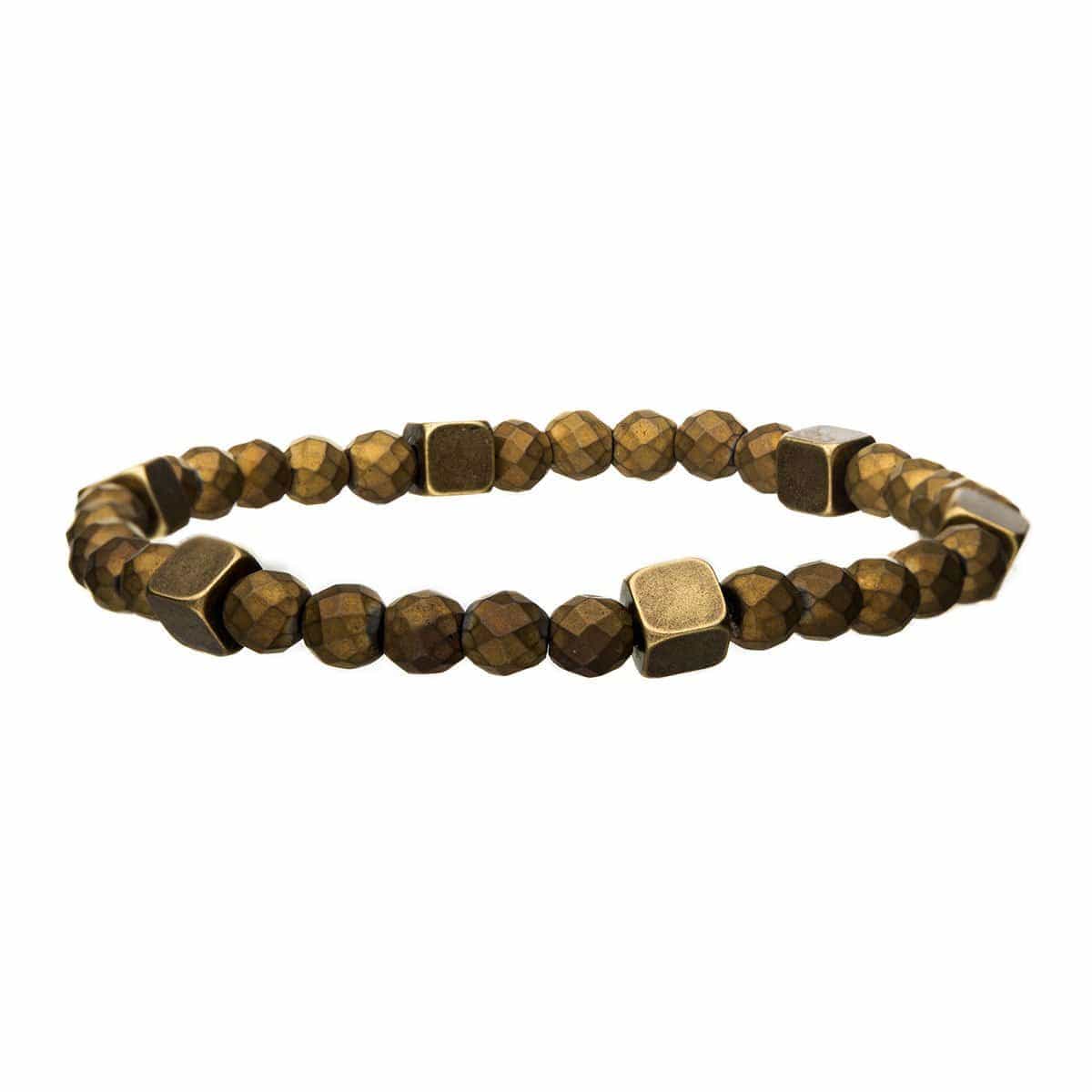 INOX JEWELRY Bracelets Golden Tone Antique Brass Block with Gold Hematite Bead Bracelet BR319GDHM