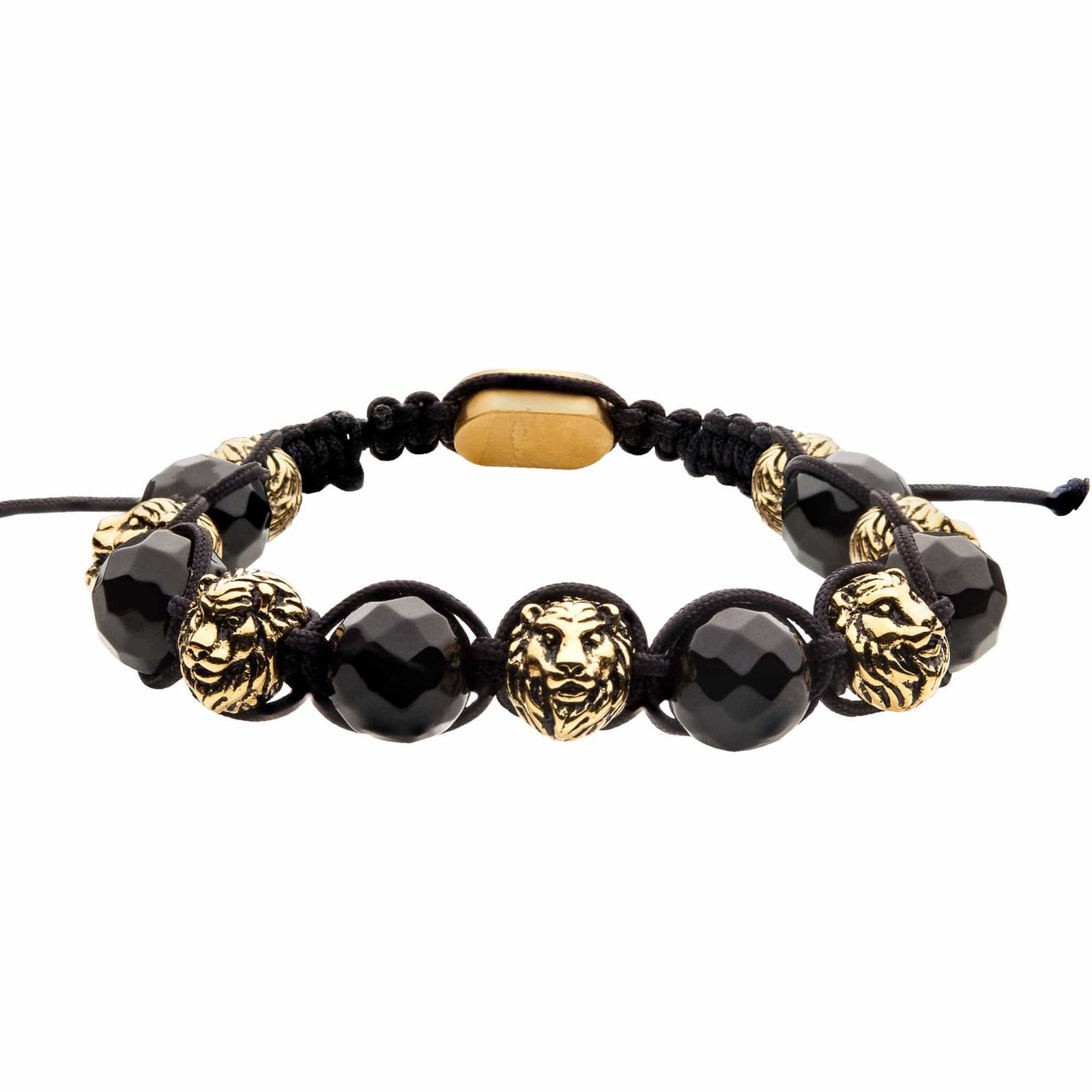INOX JEWELRY Bracelets Golden Tone Stainless Steel Black Agate Lion Head Bead Adjustable Braided Bracelet BR38619-8