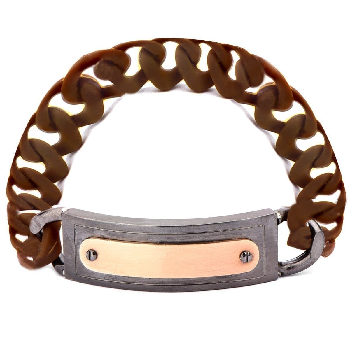 INOX JEWELRY Bracelets Gray and Rose Tone Stainless Steel on Brown Silicone Curb ID Tag Bracelet BRRARB13BR