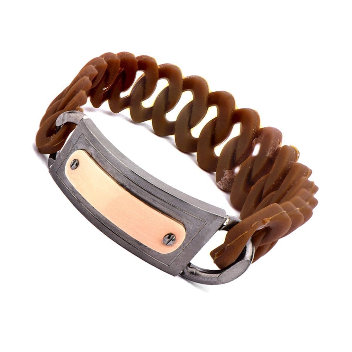 INOX JEWELRY Bracelets Gray and Rose Tone Stainless Steel on Brown Silicone Curb ID Tag Bracelet BRRARB13BR