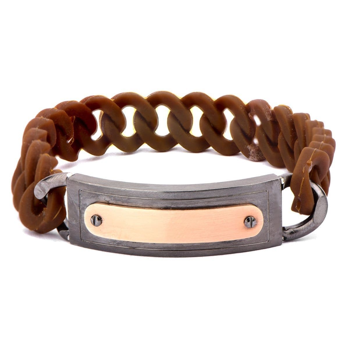 INOX JEWELRY Bracelets Gray and Rose Tone Stainless Steel on Brown Silicone Curb ID Tag Bracelet BRRARB13BR