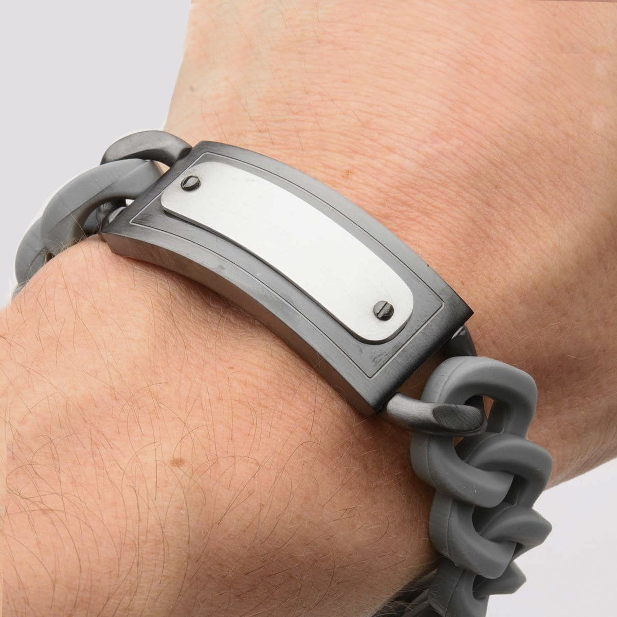 INOX JEWELRY Bracelets Gray and Silver Tone Stainless Steel on Large Gray Silicone Curb ID Tag Bracelet BRRARB19GY