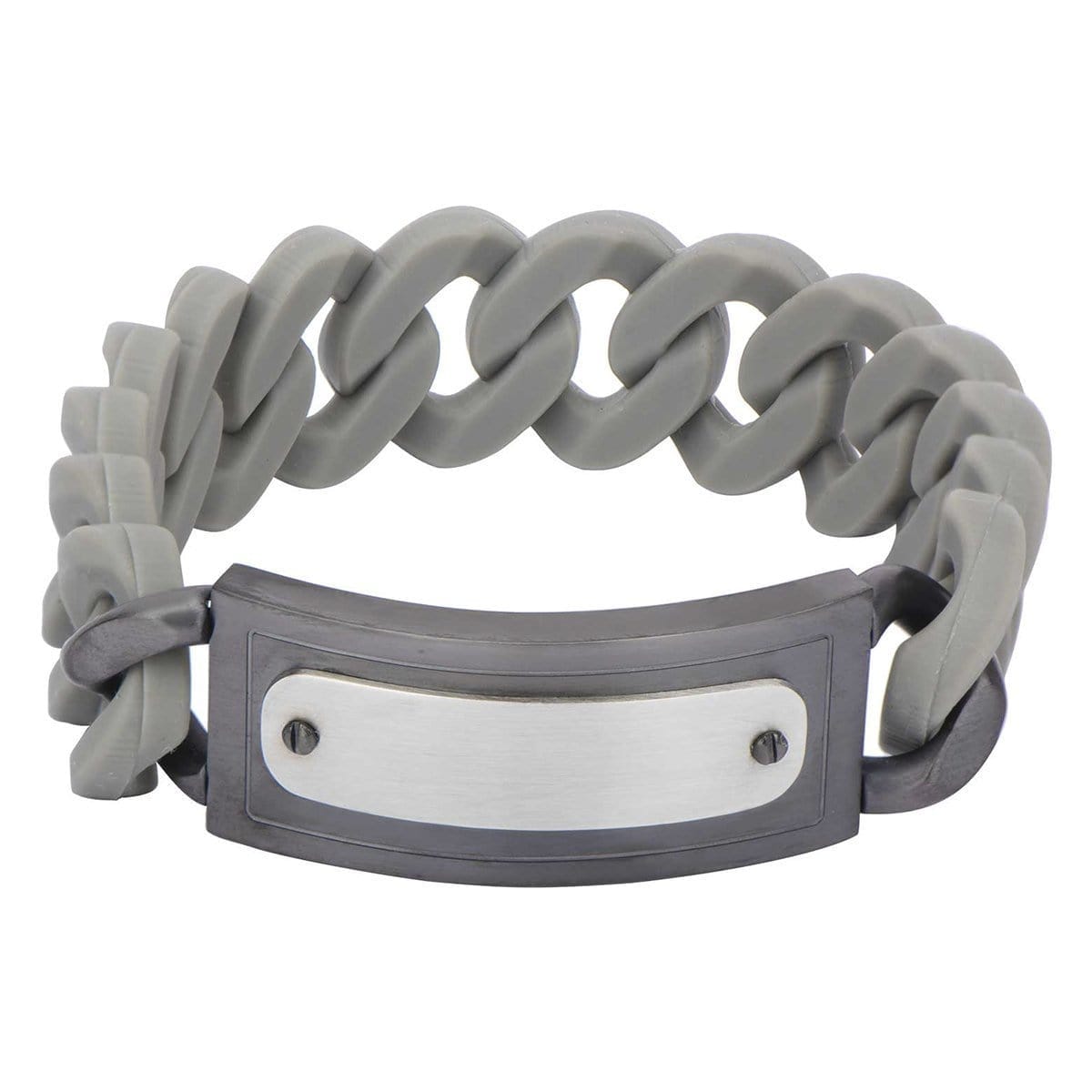 INOX JEWELRY Bracelets Gray and Silver Tone Stainless Steel on Large Gray Silicone Curb ID Tag Bracelet BRRARB19GY