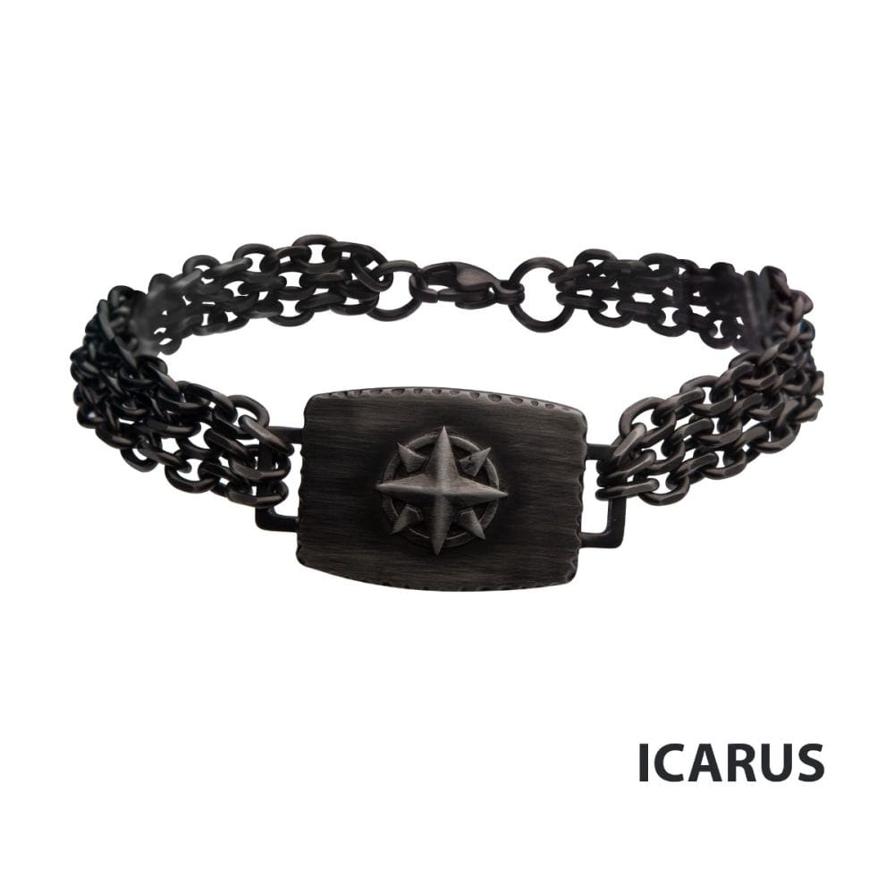 INOX JEWELRY Bracelets Gun Metal IP Compass Plate with Double Chain Link Bracelet BR38973