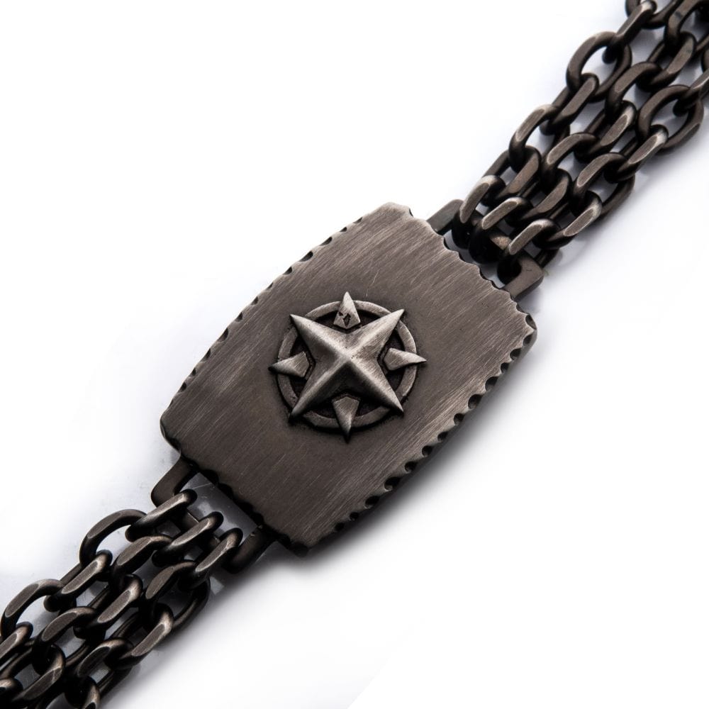 INOX JEWELRY Bracelets Gun Metal IP Compass Plate with Double Chain Link Bracelet BR38973