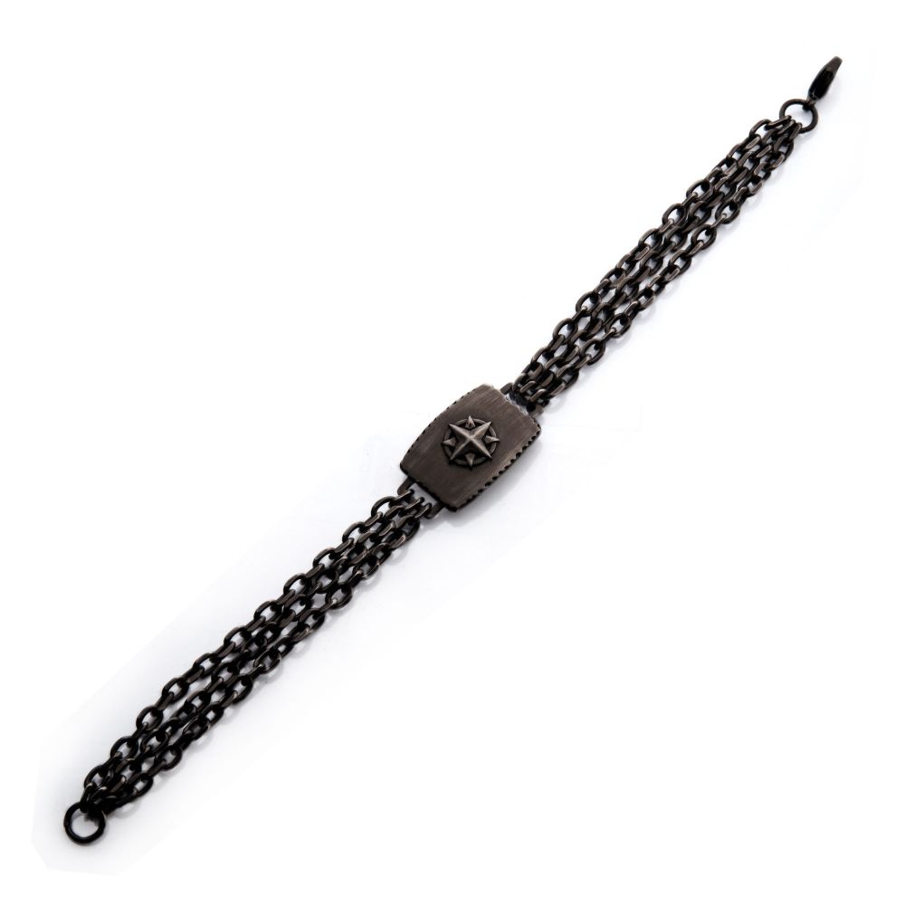 INOX JEWELRY Bracelets Gun Metal IP Compass Plate with Double Chain Link Bracelet BR38973