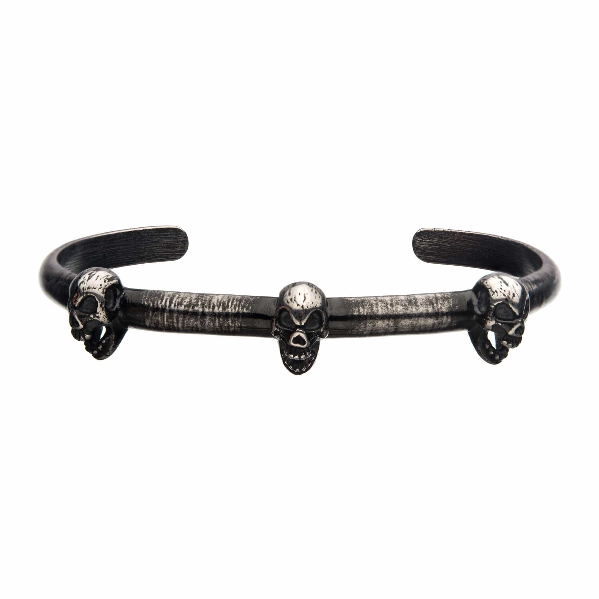 Men's Black Braided Leather Skull Bangle Bracelet - Stainless Steel Gothic Punk Rock Jewelry