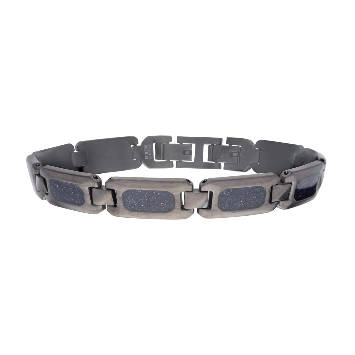 INOX JEWELRY Bracelets Gunmetal Silver Tone Stainless Steel Matte Finish with Genuine Blue Sandstone Inlay Link Bracelet BR101GM