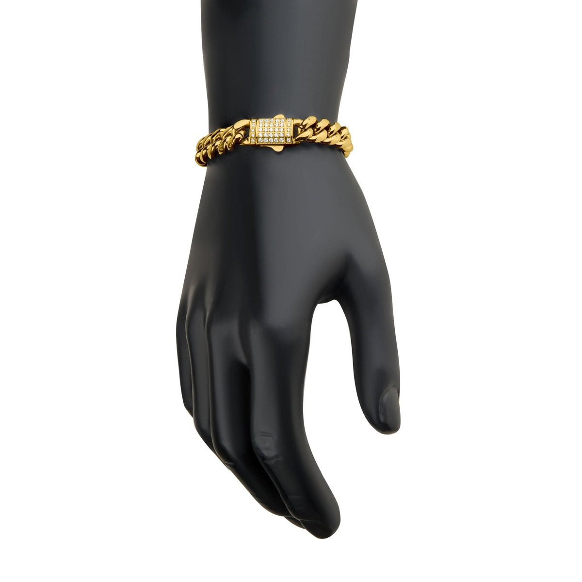 INOX JEWELRY Bracelets Lab Grown Diamond 18K Gold Ion Plated Stainless Steel 10mm Miami Cuban Chain Bracelet with Double Tab Box Clasp