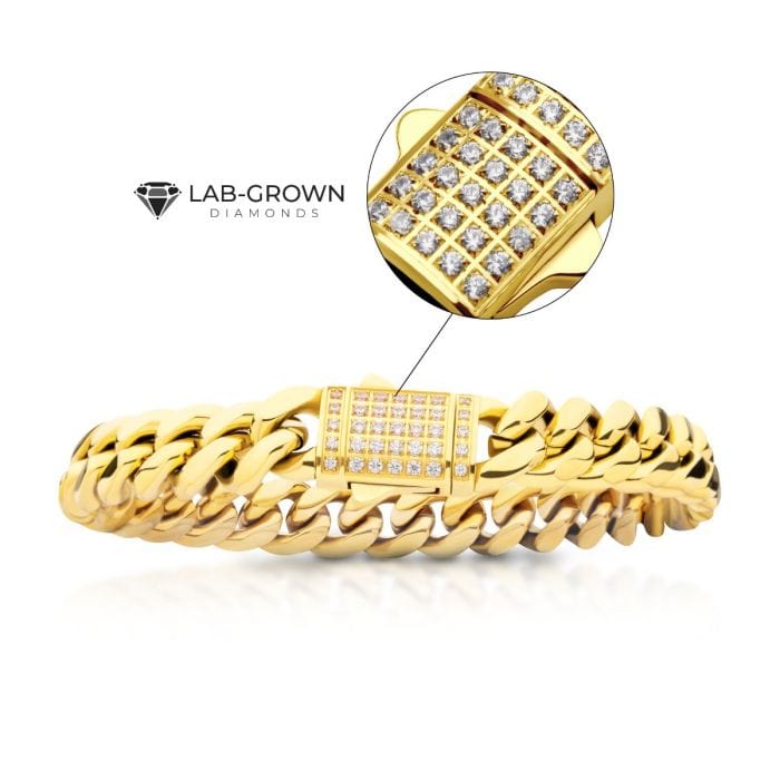 INOX JEWELRY Bracelets Lab Grown Diamond 18K Gold Ion Plated Stainless Steel 10mm Miami Cuban Chain Bracelet with Double Tab Box Clasp