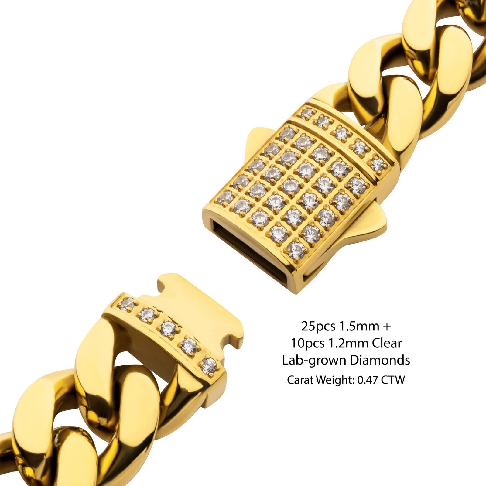 INOX JEWELRY Bracelets Lab Grown Diamond 18K Gold Ion Plated Stainless Steel 10mm Miami Cuban Chain Bracelet with Double Tab Box Clasp