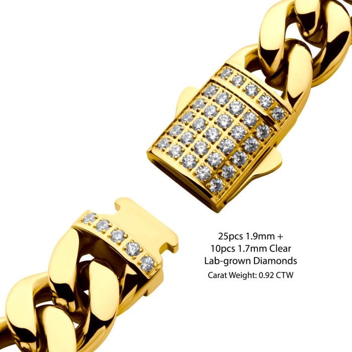 INOX JEWELRY Bracelets Lab Grown Diamond 18K Gold Ion Plated Stainless Steel 12mm Miami Cuban Chain Bracelet with Double Tab Box Clasp